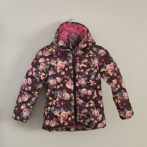 H&M Girls Floral Print Puffer Jacket with Hood Size:7–8Y Color: Burgundy/Multi